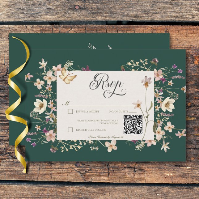 Cartão RSVP Código QR Russo de Frame de Flor Selvagem Emerald  (Rustic Wildflower Frame Emerald Green Three Dinner RSVP Card)
