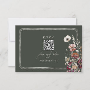 Cartão RSVP Código QR Rustic Anemone Floral Green Casamento RS