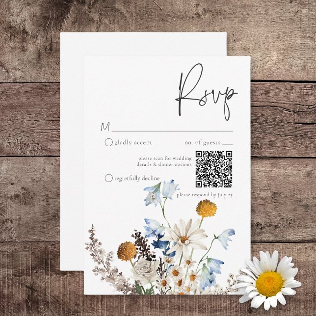 Cartão RSVP Código QR Rustic Dusty Blue Wildflower & Daisiers (Criador carregado)