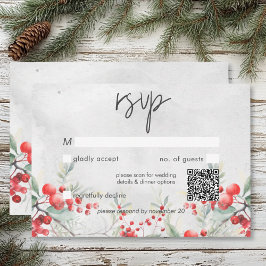 Cartão RSVP Código QR Rustic Winter Holly & Pine Wedding