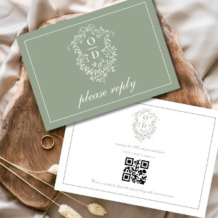 Cartão RSVP Código QR Sage Green Crest Monograma Casamento