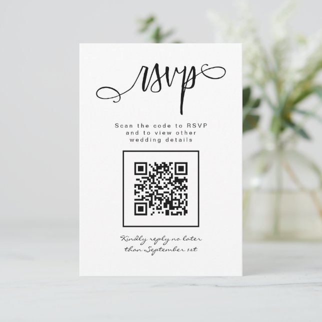 Cartão RSVP Código QR Simples Escrito à Mão Preto e Branco (Em pé/Frente)