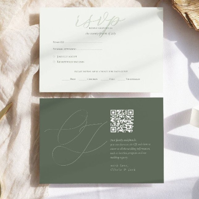 Cartão RSVP Código QR Verde da Sage Moderna Iniciais Casamento (Criador carregado)