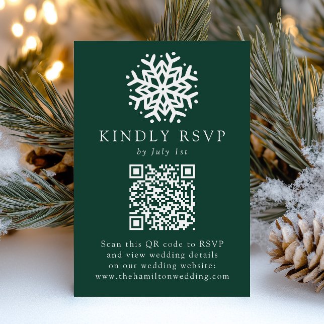 Cartão RSVP Código QR Verde de Floco de Neve Simples para Casa (Criador carregado)