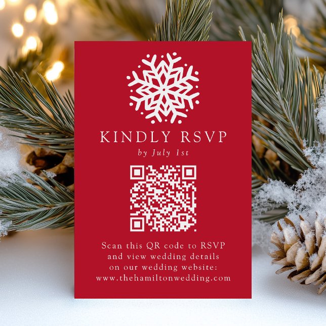 Cartão RSVP Código QR Vermelho de Floco de Neve Simples para C (Criador carregado)