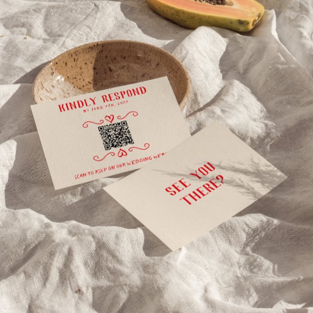 Cartão RSVP Código QR Vermelho Retroativo Desenhado Mão Quirky (Criador carregado)