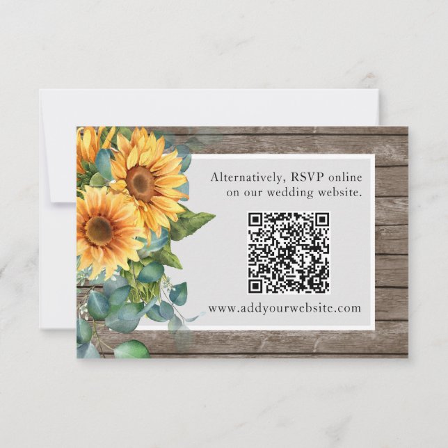 Cartão RSVP Código Qr Website Rustic Wood Sunflower RSV Casame (Verso)