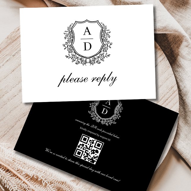 Cartão RSVP Código QR White Crest Monograma Casamento Preto (Criador carregado)