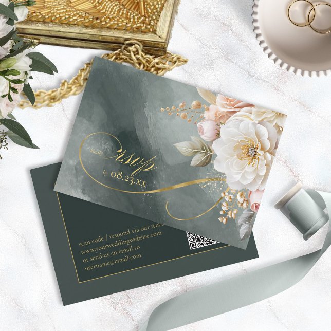 Cartão RSVP Código Verde de Casamento de Drama Floral, ID1022 (Criador carregado)