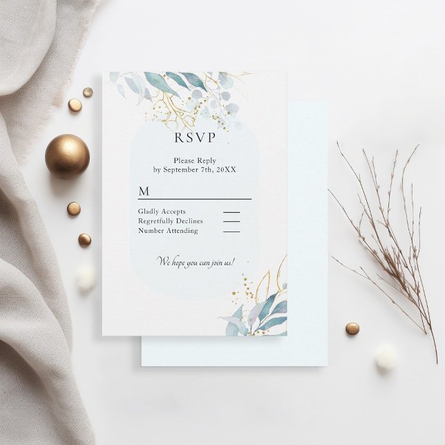 Cartão RSVP Coleção de Casamento Aquarela Blue Gold (Imitar) (Criador carregado)