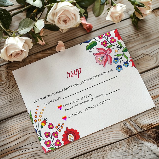 Cartão RSVP Colorful Floral Botanical Modern Spanish Wedding (Colorful Floral Botanical Modern Spanish Wedding RSVP Card)