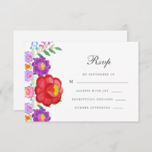 Cartão RSVP Colorida Red Fiesta Floral Calliografia Quinceaner