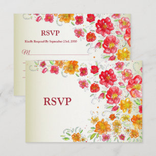 Cartão RSVP Colorido Casamento Floral Rosa Amarelo Vermelho Fe