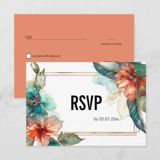 Cartão RSVP Com o código QR Hibiscus Serenade Paradise (Frente/Verso)