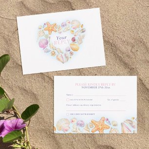 Cartão RSVP Conchas coração arte praia cor d'água do casamento