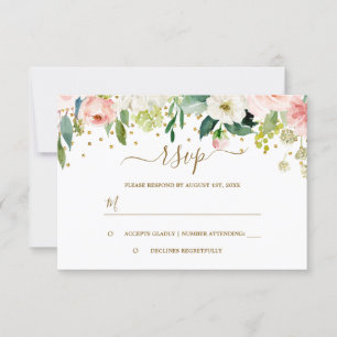 Cartão RSVP Confete Rosa Floral Dourado Responder