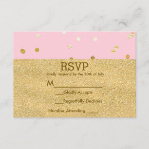 Cartão RSVP Confetes de Pontos Brilhantes Rosa e Dourado Chic