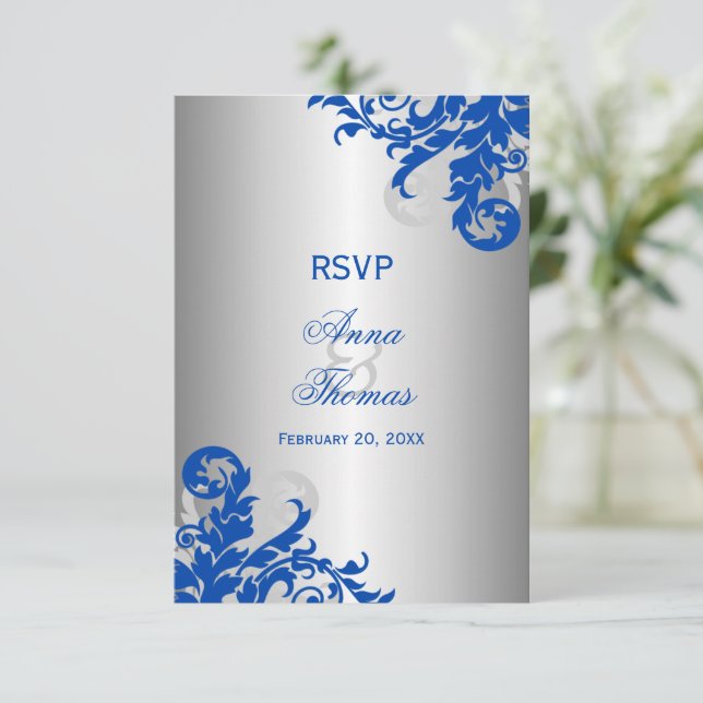 Cartão RSVP Confirmação de Casamento com Flores em Azul Real e (Em pé/Frente)