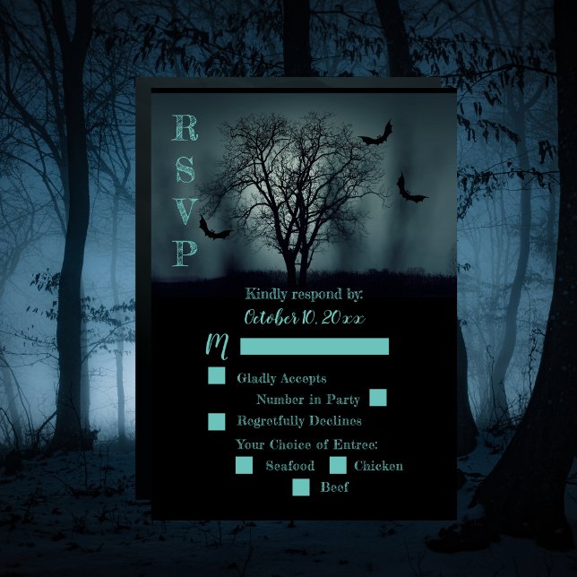 Cartão RSVP Confirmação de Casamento de Halloween das Morcegos (Eerie Tree Bats Halloween Wedding RSVP)
