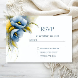 Cartão RSVP Confirmação de Casamento Floral Azul e Amarelo