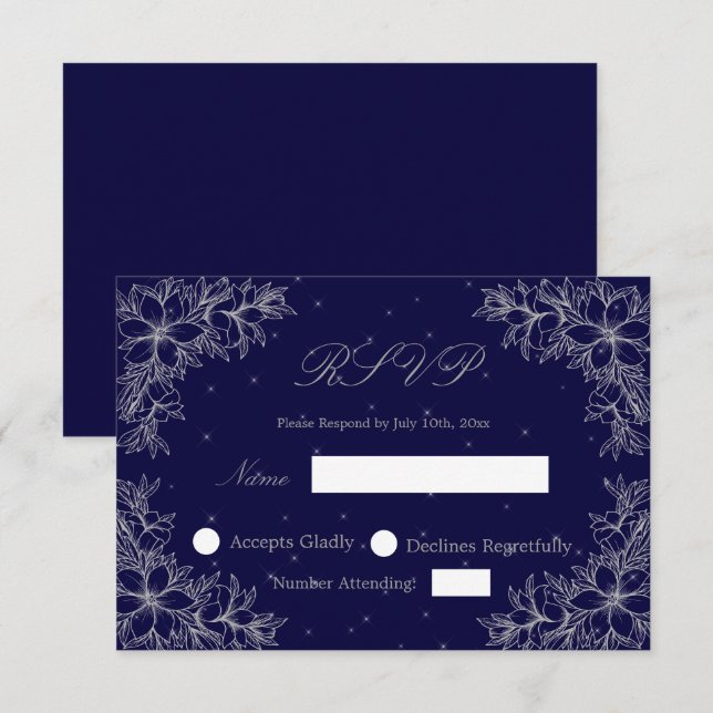 Cartão RSVP Confirmação de Casamento Prateado com gráficos Flo (Frente/Verso)