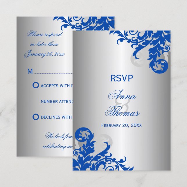 Cartão RSVP Confirmação de Casamento Royal Blue e Floreio Prat (Frente/Verso)
