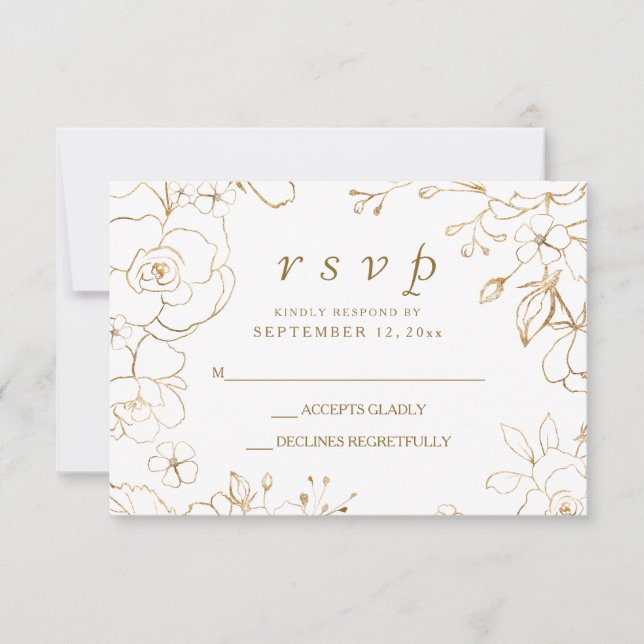 Cartão RSVP Confirmação de Casamento Simples Floral Dourada (Frente)