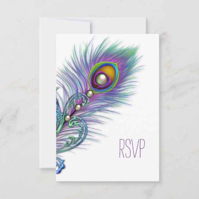 Cartão RSVP Confirmação de presença de pavão roxo e azul-teal (Frente)