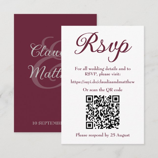 Cartão RSVP Confirmação de Presença no Casamento com Código QR (Frente/Verso)