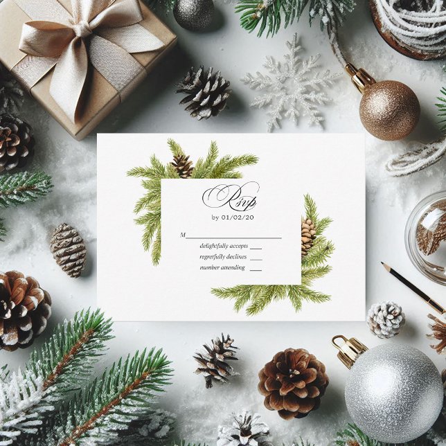 Cartão RSVP Confirmação de Presença para Casamento de Pinheiro (Winter Watercolor Pines Wedding RSVP)