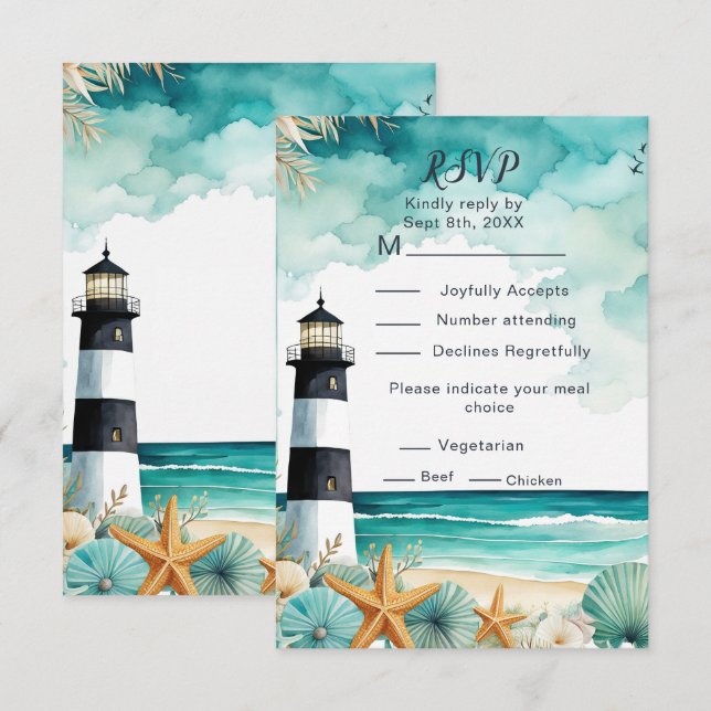 Cartão RSVP Confirmação de Presença para Casamento Farol Náuti (Frente/Verso)