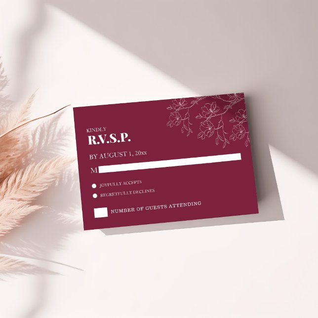 Cartão RSVP Confirmação de Presença para Casamento Floral Mode (Modern Floral Cranberry Wedding RSVP)
