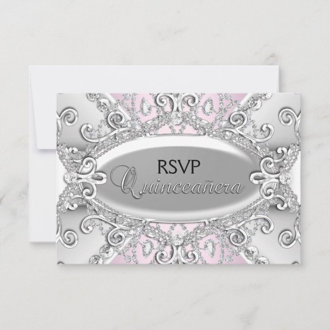 Cartão RSVP Confirmação de Presença Quinceanera em Damask com  (Frente)