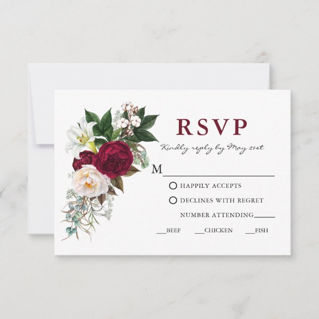 Cartão RSVP Confirmação de Refeição com Floral Verde Burgundy  (Frente)