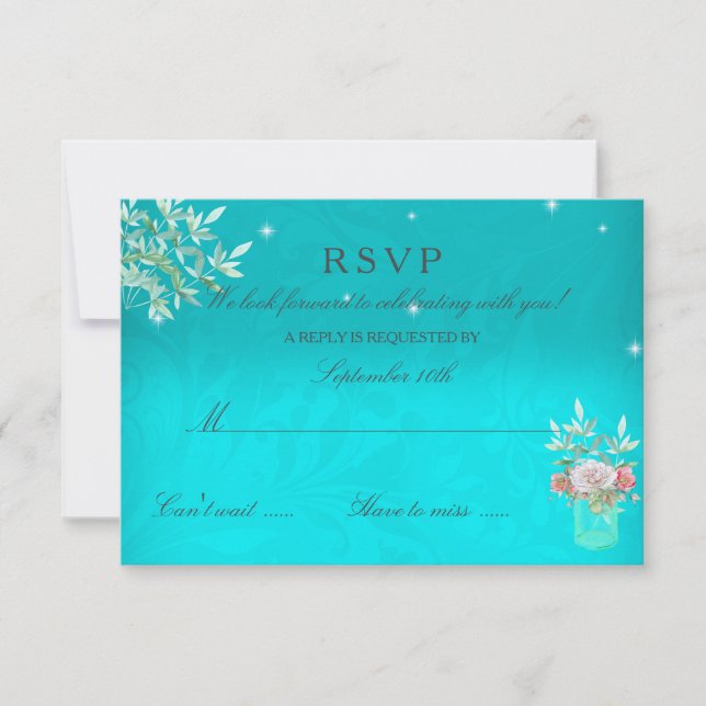 Cartão RSVP Confirme Casamento Azul Floral Jarro Mason Rosa Ro (Frente)