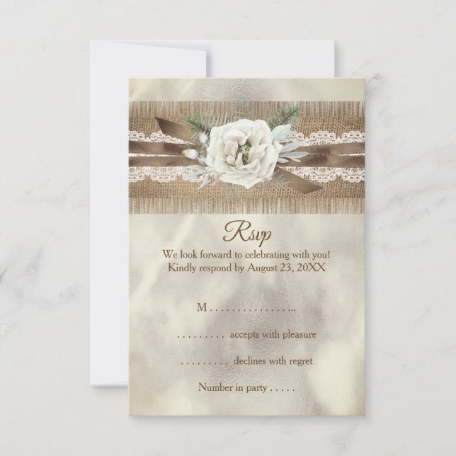 Cartão RSVP Confirme Casamento em Lona Bege Branco Rosa Laço d (Frente)