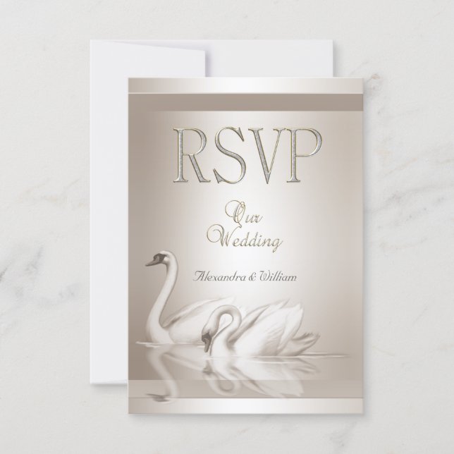 Cartão RSVP Confirme presença Elegante Casamento Cisnes Damasc (Frente)