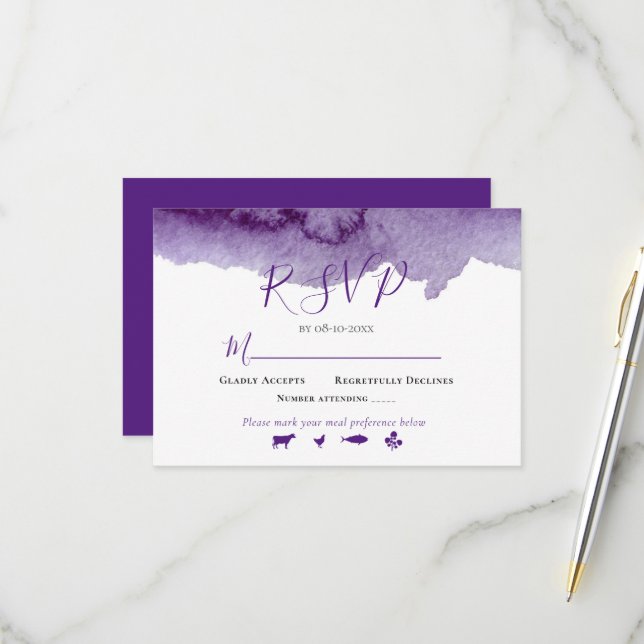 Cartão RSVP Conjunto de Casamento com Lavagem de Cor Roxa Aqua (Frente/Verso In Situ)