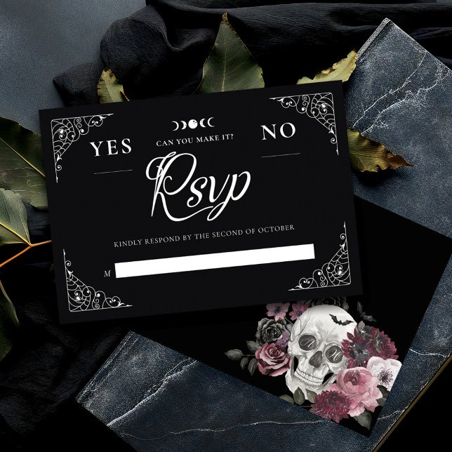 Cartão RSVP Conselho de Espírito de Casamento de Halloween Gót (Gothic Halloween Wedding Spirit Board Black RSVP Card)