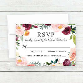 Cartão RSVP Contagem de Convidados para Casamento Floral Rosa 