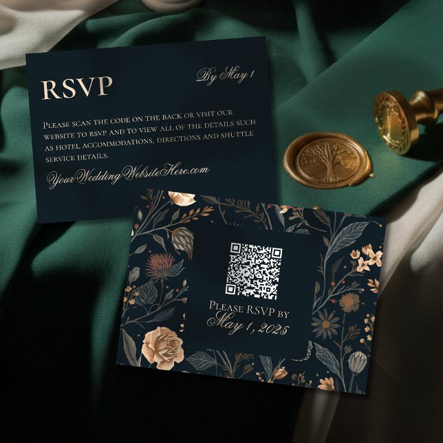 Cartão RSVP Contemporary Modern Black Floral Wedding (Announce your celebration with timeless elegance using this Contemporary Black Floral Wedding RSVP!)