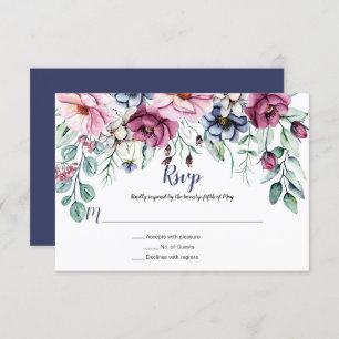 Cartão RSVP Cor de água azul-rosa e Marinho Floral
