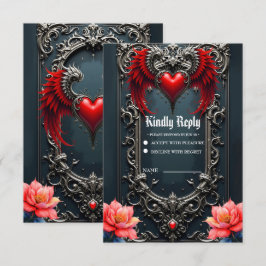 Cartão RSVP Coração Alado Carmesim  Romance Gótico Elegante . 