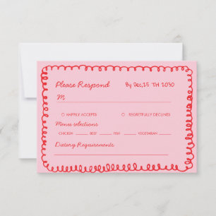 Cartão RSVP coração caprichoso desenhado à mão rosa e vermelho