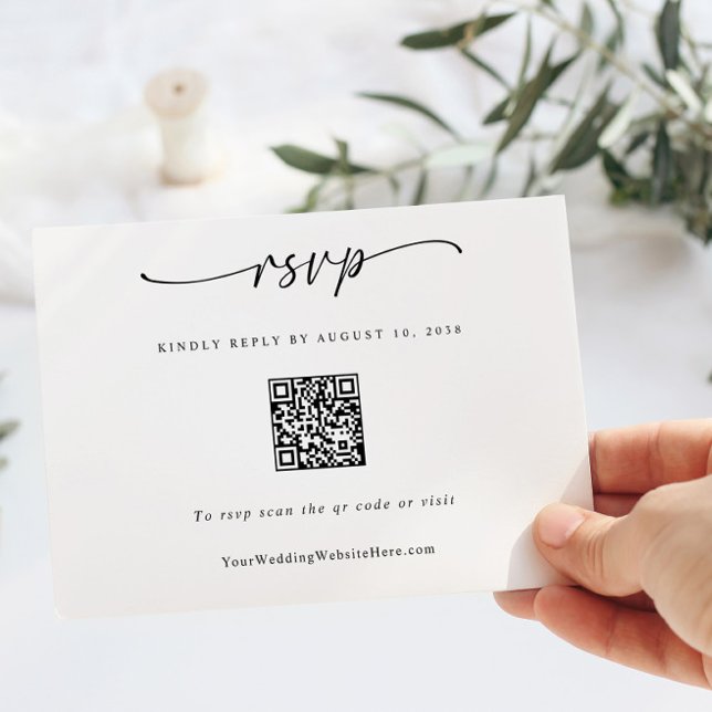 Cartão RSVP Coração de Código QR de Casamento Moderno Simples (Simple Modern Wedding RSVP Card with QR Code and Fun Handwriting and Hand Drawn Heart on the Back)