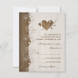 Cartão RSVP Coração de Renda Floral com Textura de Madeira Rús