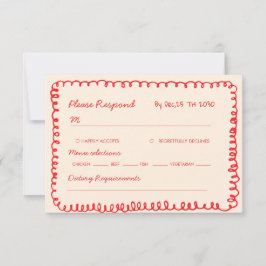 Cartão RSVP coração desenhado à mão em vermelho casamento capr