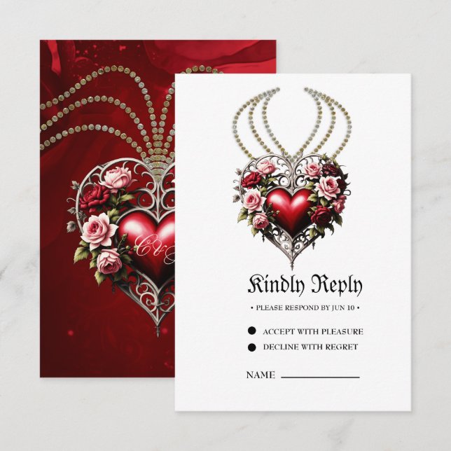 Cartão RSVP Coração gótico nobre com flores. (Frente/Verso)