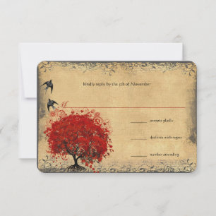 Cartão RSVP Coração Pássaros da Árvore Vermelha com Folha Verm