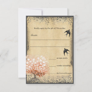 Cartão RSVP Coração Pássaros de Coral Claro de Folha de Coral